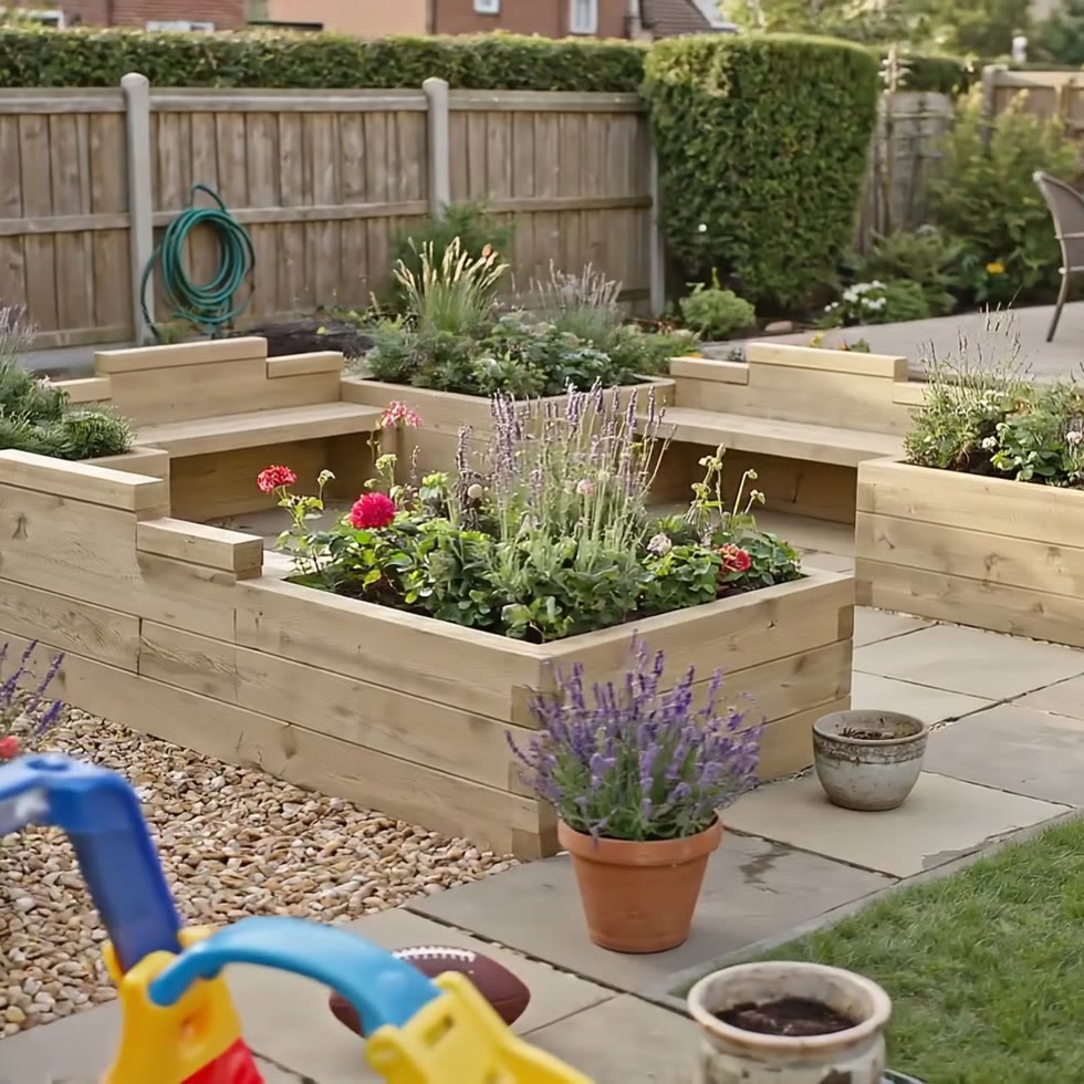 Banc de jardin pour enfants XL - Jardinières bois en U / 375 x 375 x 65 cm