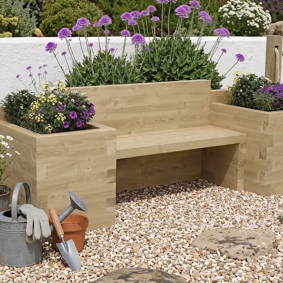 Banc de jardin - Extra long avec jardinières bois / 270 x 75 x 85 cm
