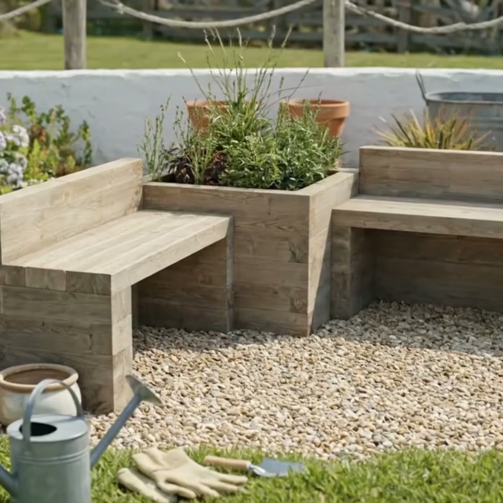 Banc de jardin avec jardinière d'angle centrale / 187,5 x 187,5 x 65 cm