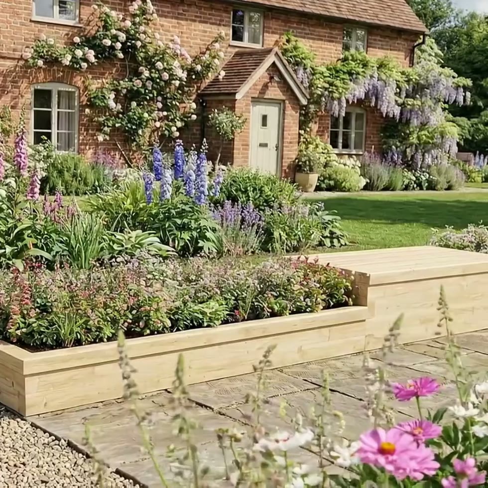 Jardinière bois d'angle étroite avec banc jardin / 6.75 x 1.5 x 0.25m