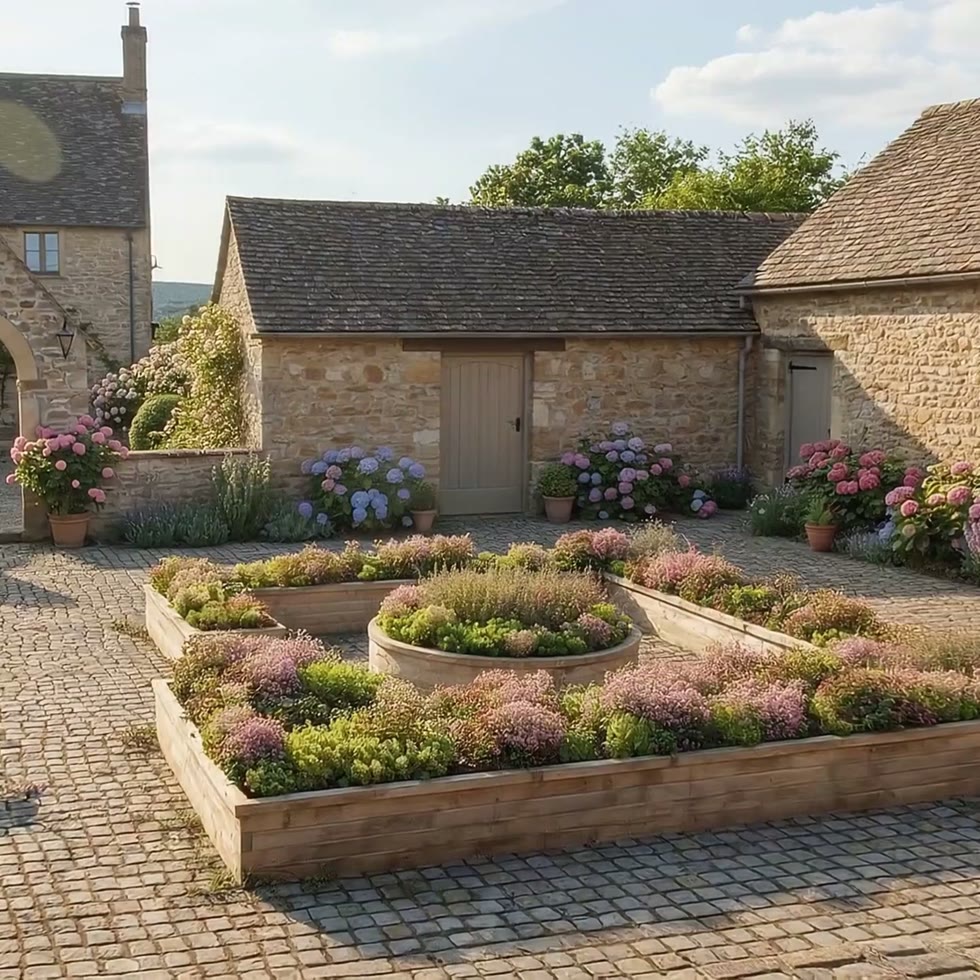 Jardinière bois frontière avec potager surélevé central / 6.675m x 6.4m x 0.45m