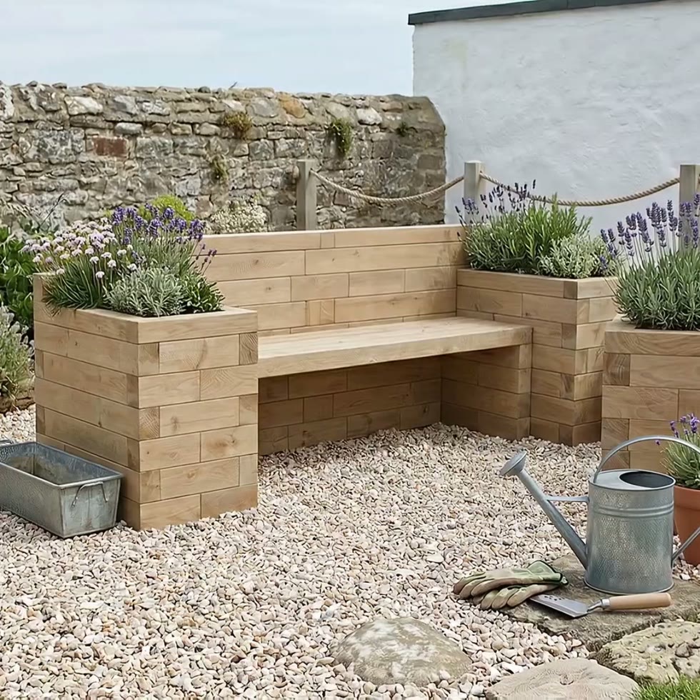 Banc de jardin et 2 jardinières intégrées / 240 x 75 x 85 cm