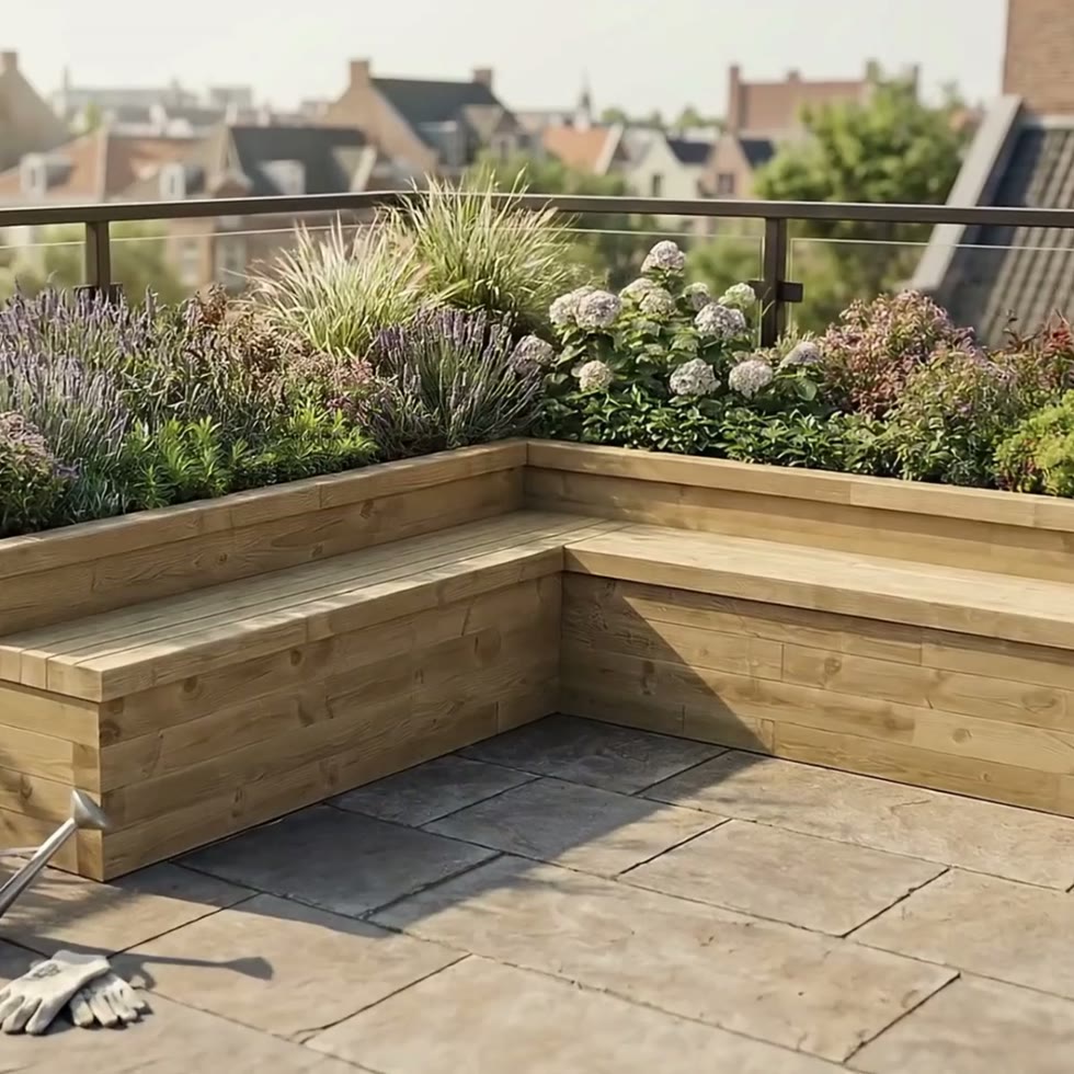 Jardinière bois en L avec banc de jardin / 3.75 x 3.75 x 0.65m