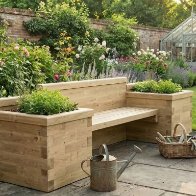 Banc de jardin et 2 jardinières intégrées / 2,4 x 0,75 x 0,85 m