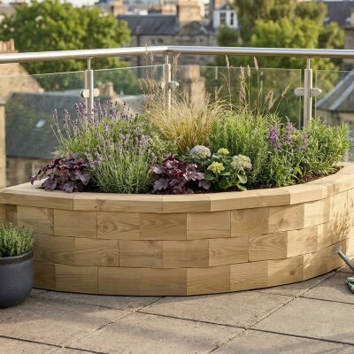 Jardinière bois d’angle arrondie - basse / 1,125 x 1,125 x 0,35 m