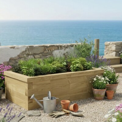 Jardinière bois en traverses paysagères / 1,5 x 0,75 x 0,45 m