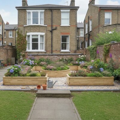Jardinière bois frontière avec potager surélevé central / 6,675 x 6,4 x 0,45 m