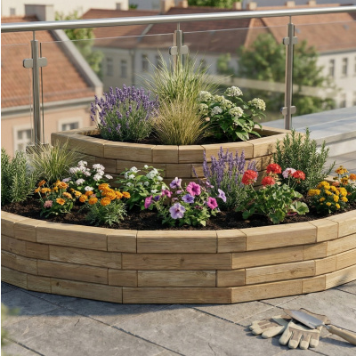 Jardinière bois d’angle arrondie en cascade - Longue / 225 x 225 x 45 cm