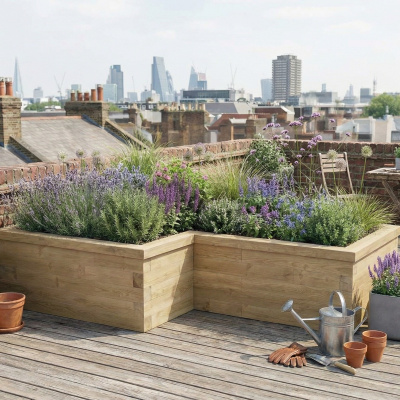 Grande jardinière bois en L / 2,25 m x 1,5 m x 1,2 m x 1,2 m x 0,55 m