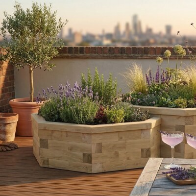 Ensemble jardinières bois octogonales à deux niveaux / 254,8 x 152,4 x 55 cm