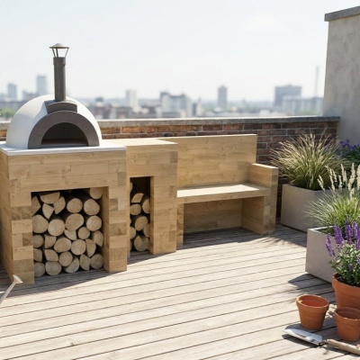 Base de four à pizza avec espace de rangement et banc / 2,7 m x 0,9 m x 0,95 m