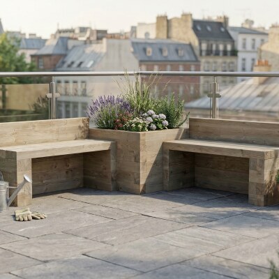 Banc de jardin avec jardinière d'angle centrale / 187,5 x 187,5 x 65 cm
