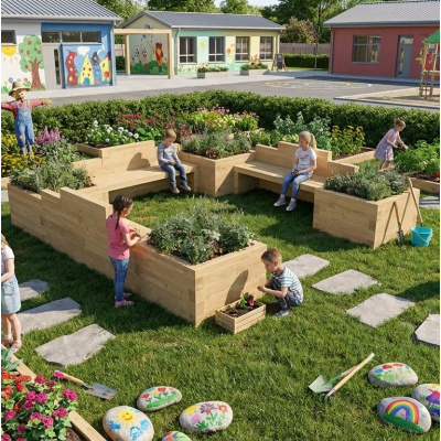 Banc de jardin pour enfants - Jardinières bois en U / 300 x 300 x 65 cm