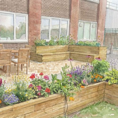 Transformation d’un jardin d’entreprise au moyen d’une jardinière en L avec banc intégré