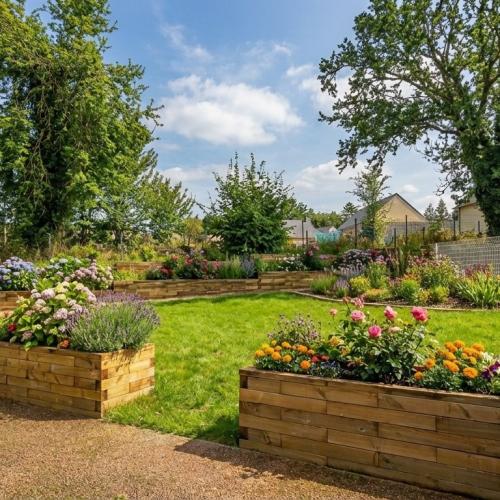 Transformation du jardin avec un mur de soutènement et des jardinières surélevées